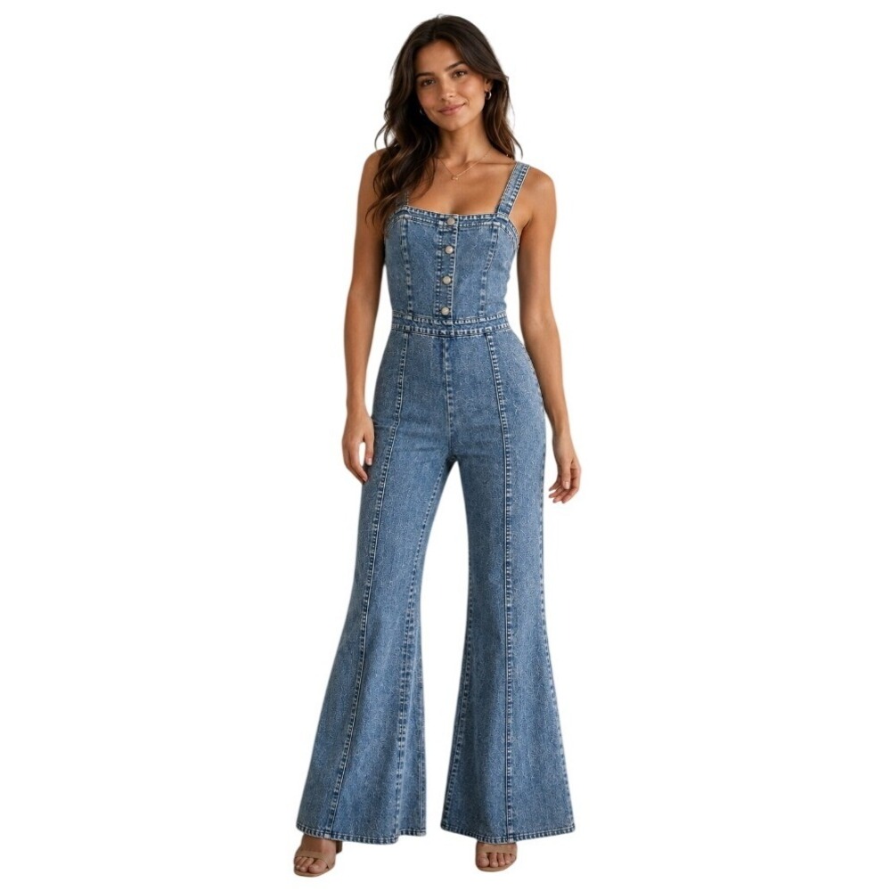 Jealous Tomato Denim Jumpsuit Acid Wash Flare Leg Front Blue Small Wide Leg